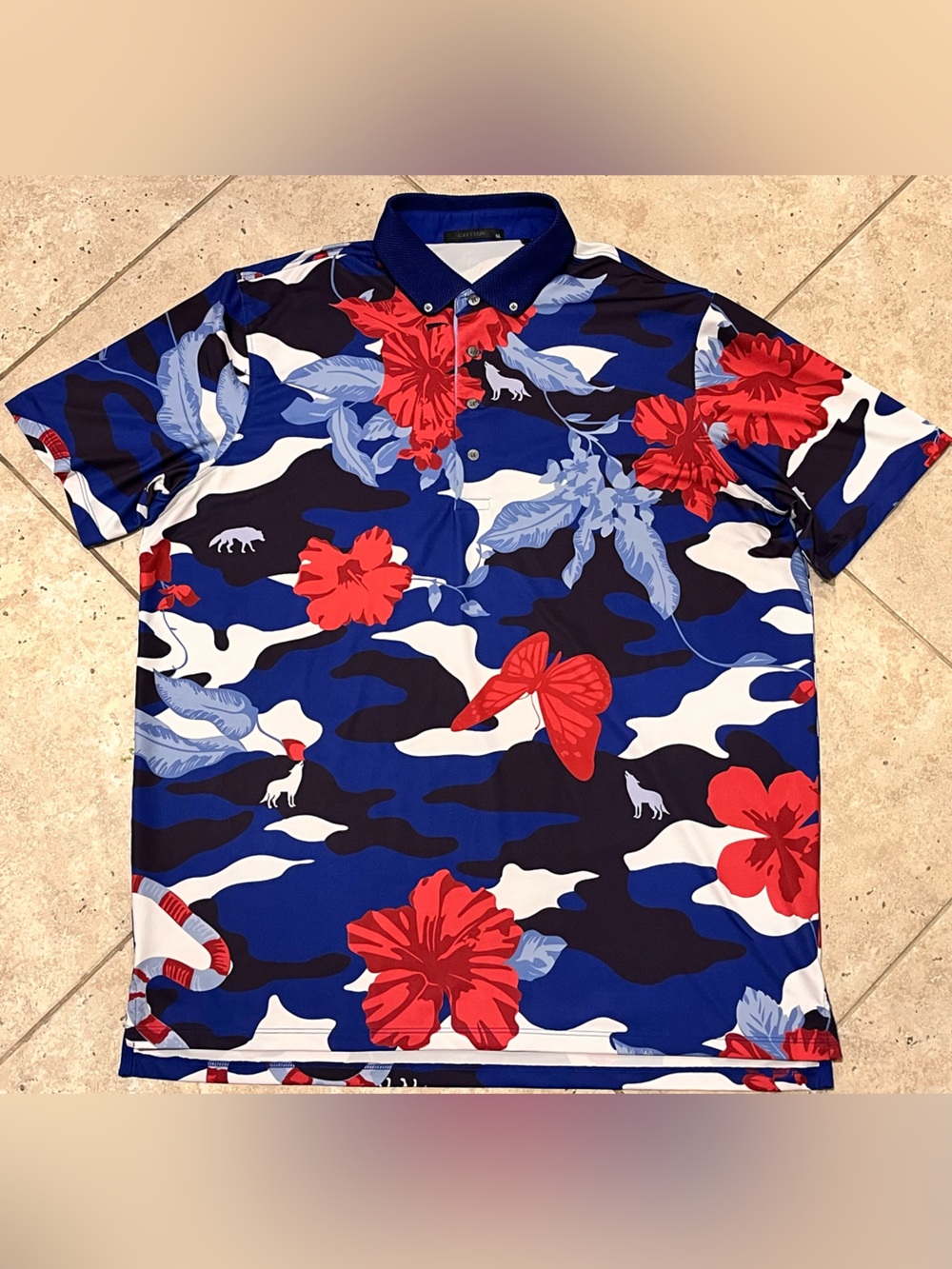 Greyson Mens Floral AOP Hawaiian Blue Golf Polo Shirt XL Stretch $120 EUC